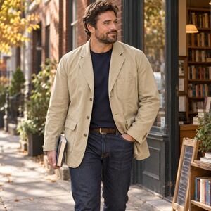 Bass Mens Large Khaki Twill Chore Blazer Field Jacket Patch Pockets